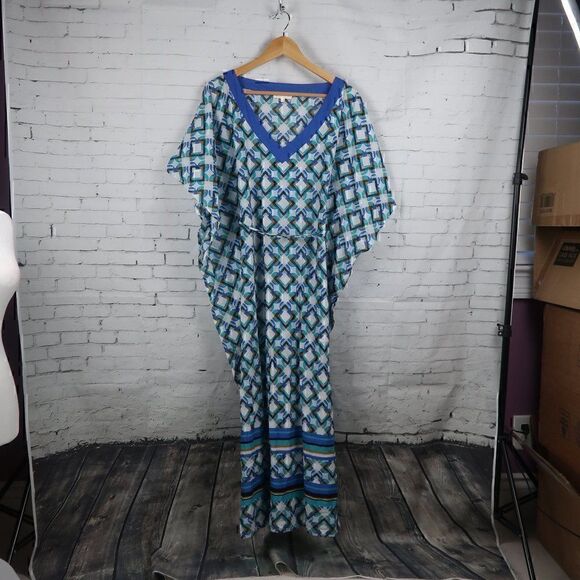 NEXT BEACHWEAR WHITE BLUE GREEN GOLD BLACK GEOMETRIC DESIGN KAFTAN COVER UP - Picture 1 of 13